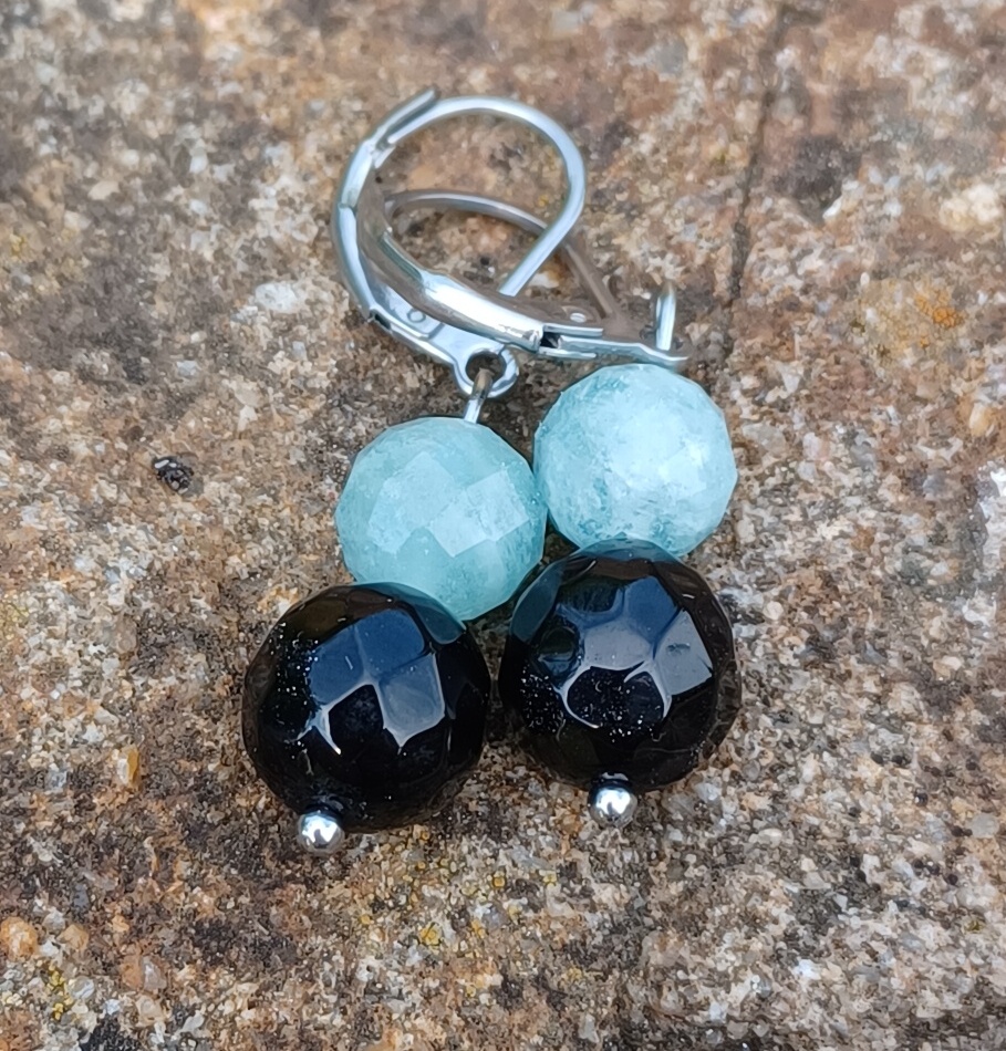 Onyx, akvamarín náušnice