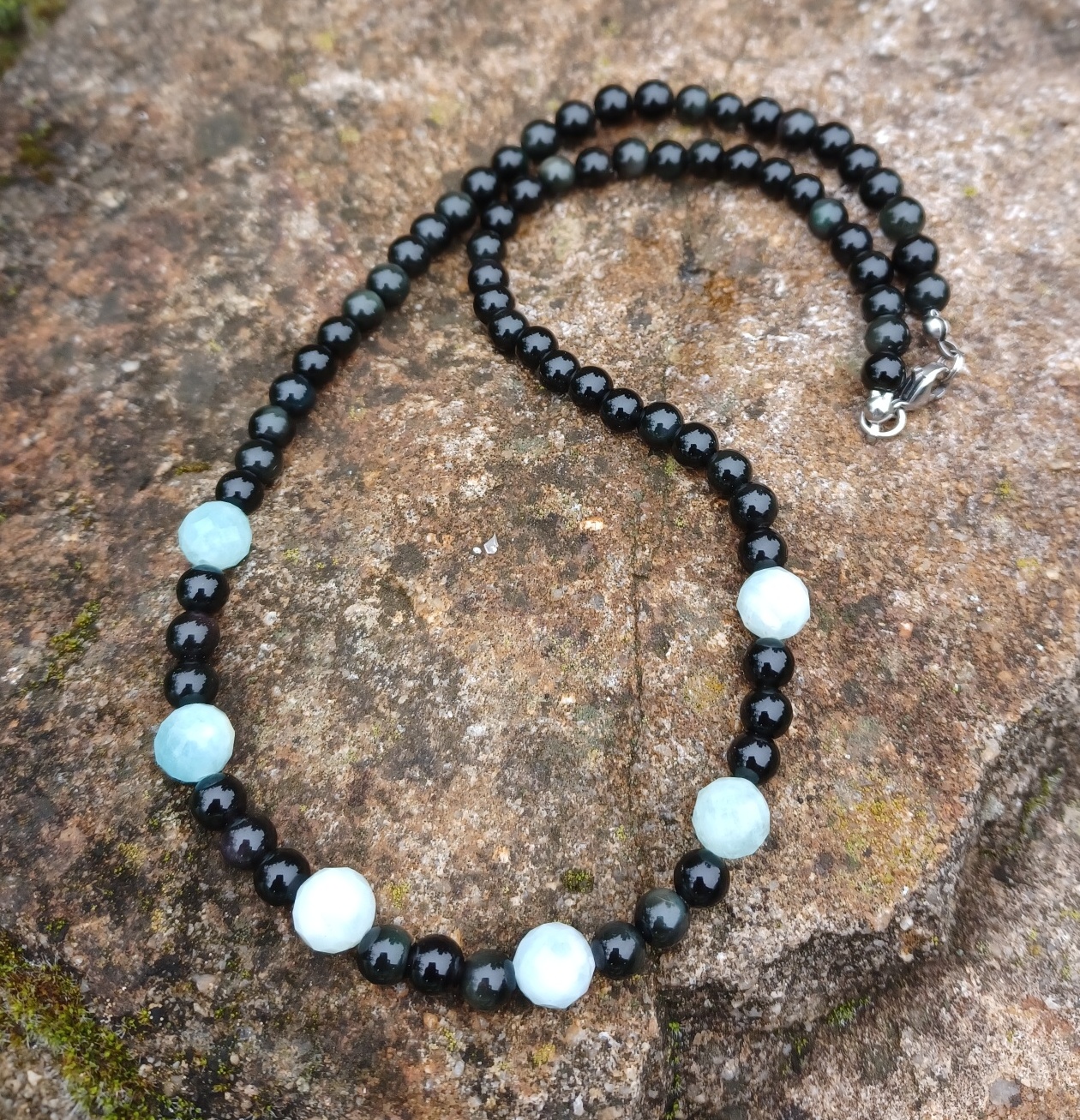 Stříbrný obsidián náhrdelník s akvamarínem