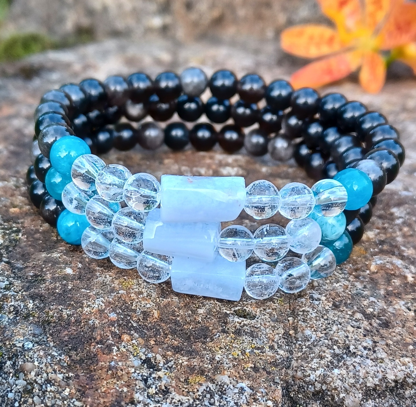 Stříbrný obsidián, křišťál, chalcedon náramek