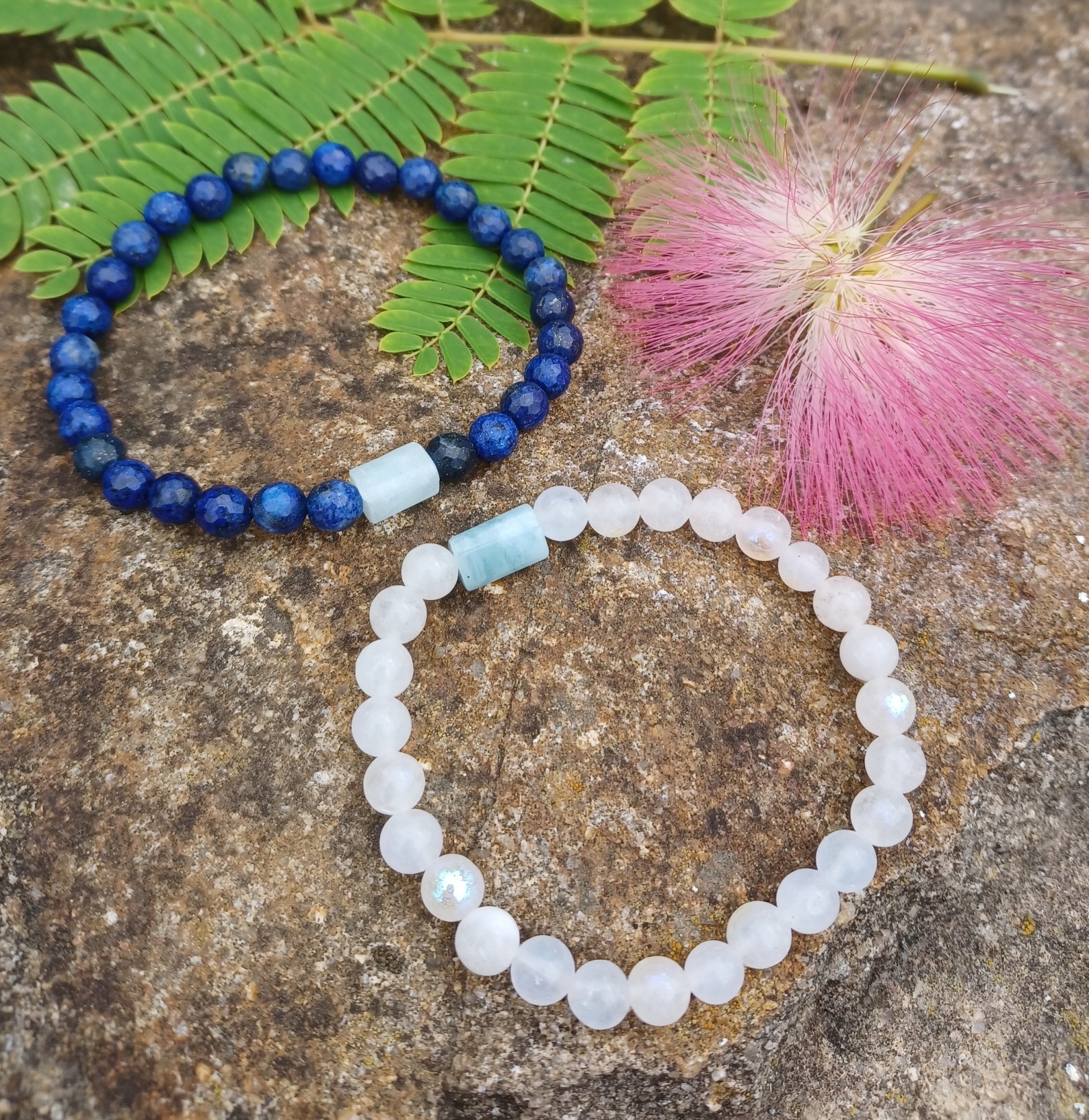 Párové náramky lapis lazuli, měsíční kámen s akvamarínem