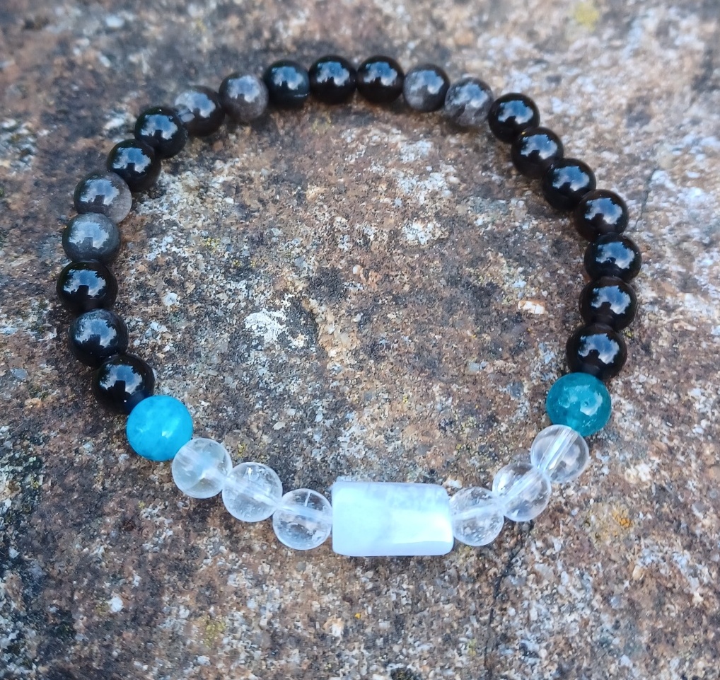 Stříbrný obsidián, křišťál, chalcedon náramek