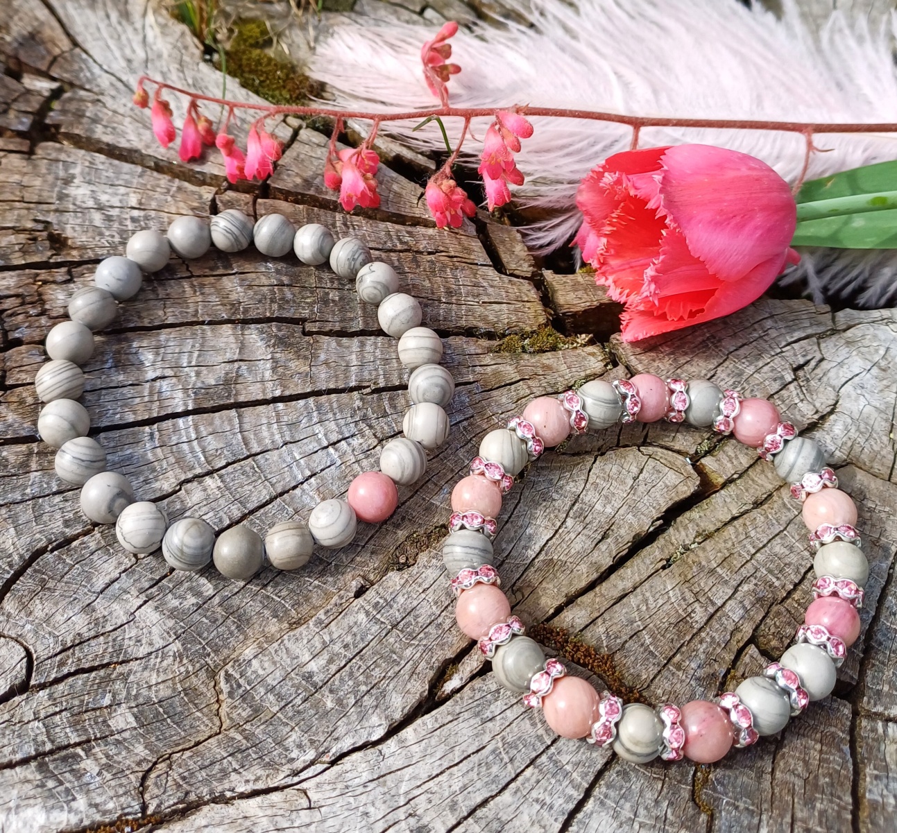  Párové náramky šedý mramor, růžový křemen 