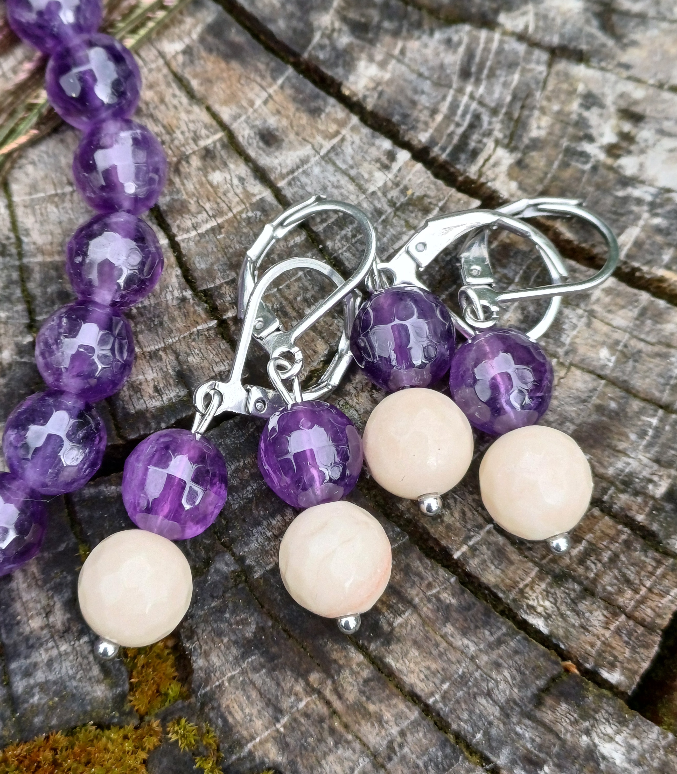 Ametyst, korál náušnice