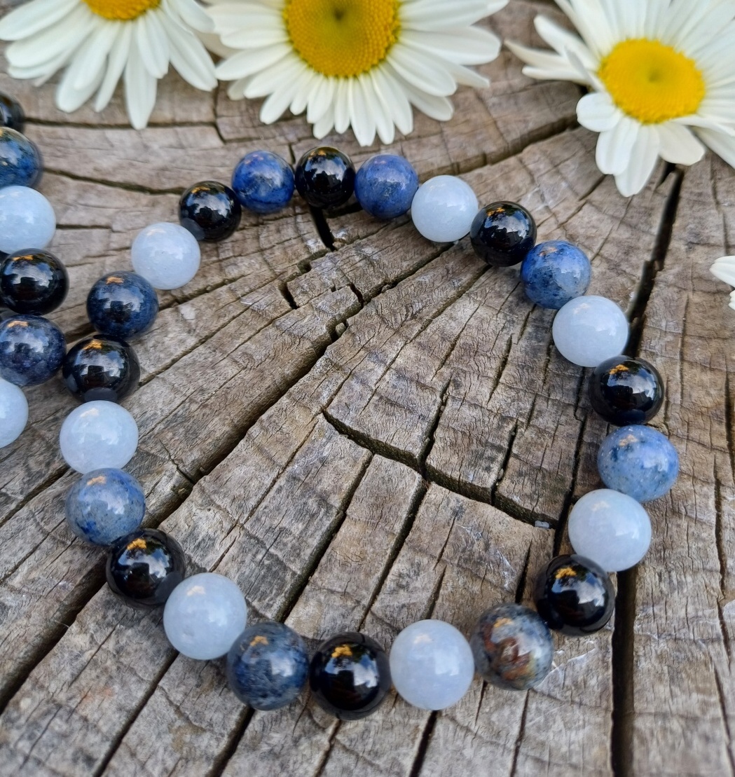 Dumortierit, akvamarín, turmalín pánský náramek