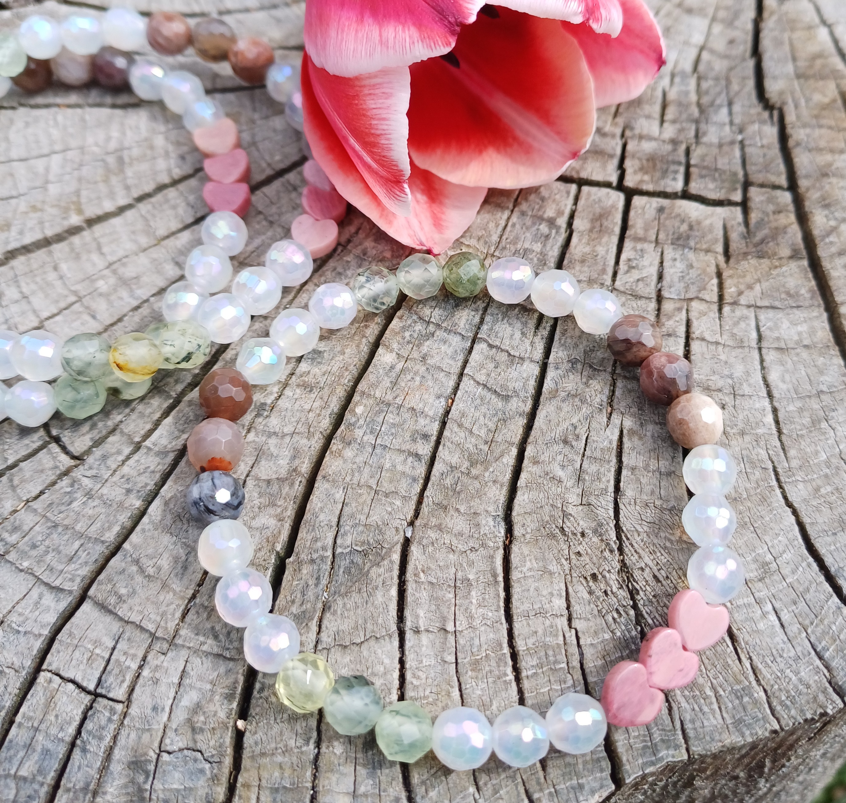 Achát aura, prehnit náramek se srdíčky