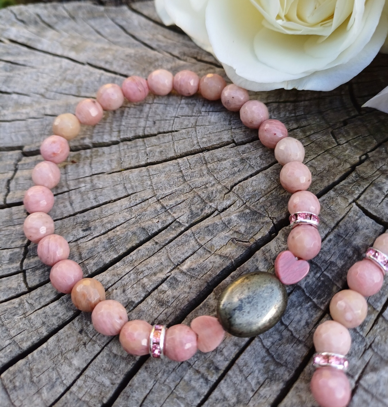 Pyrit, růžový křemen náramek