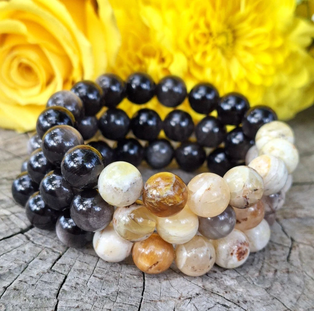 Opál žlutý, stříbrný obsidián náramek