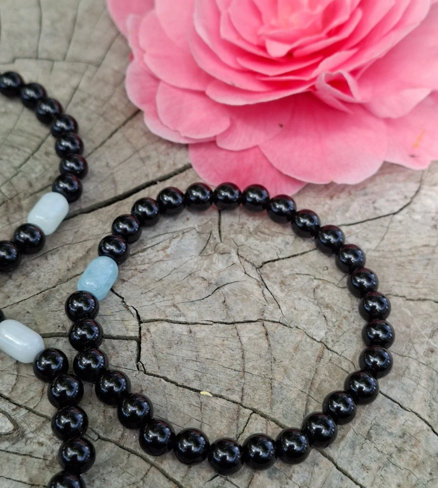 Obsidián černý, akvamarín náramek