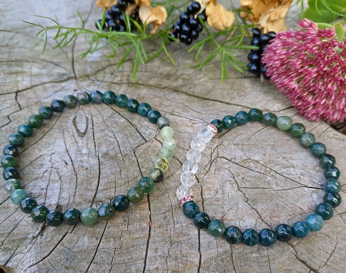 Párové náramky mechový achát s křišťálem a prehnitem