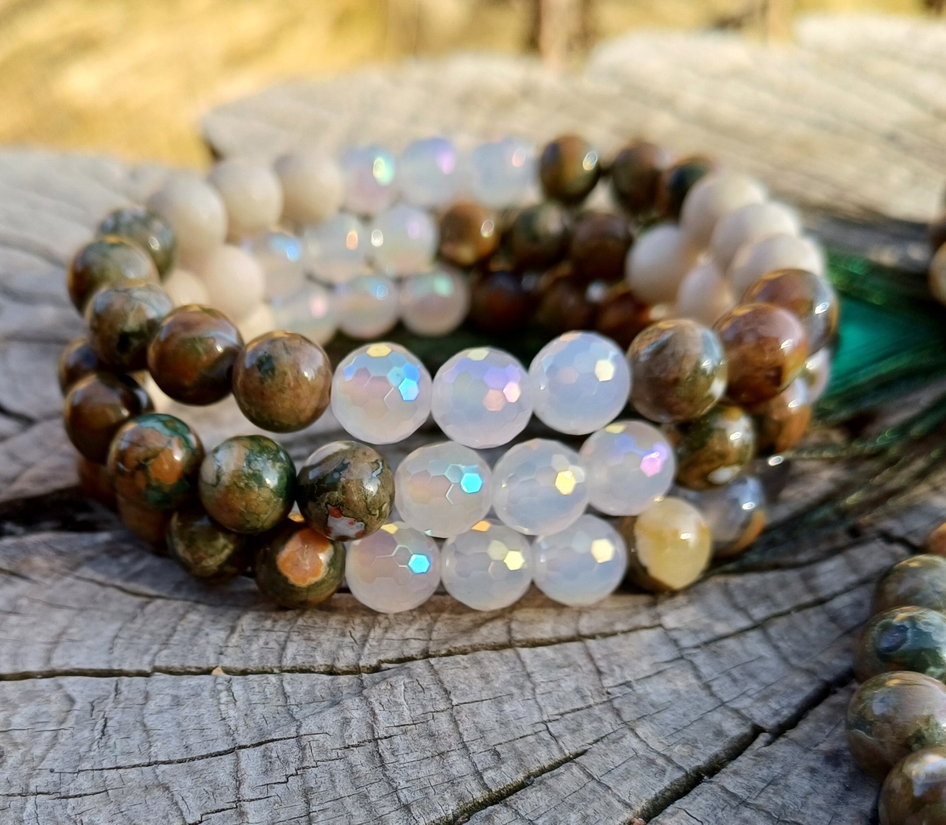 Ryolit, fosilní korál, achát aura náramek 