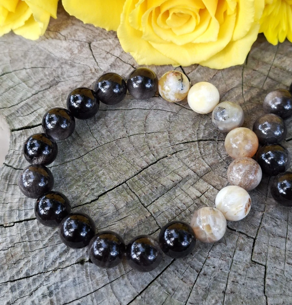 Opál žlutý, stříbrný obsidián náramek