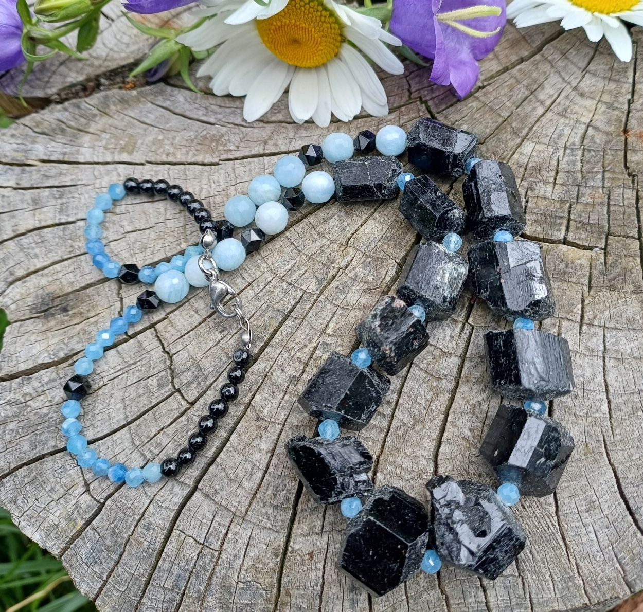 Turmalín skoryl, akvamarín náhrdelník