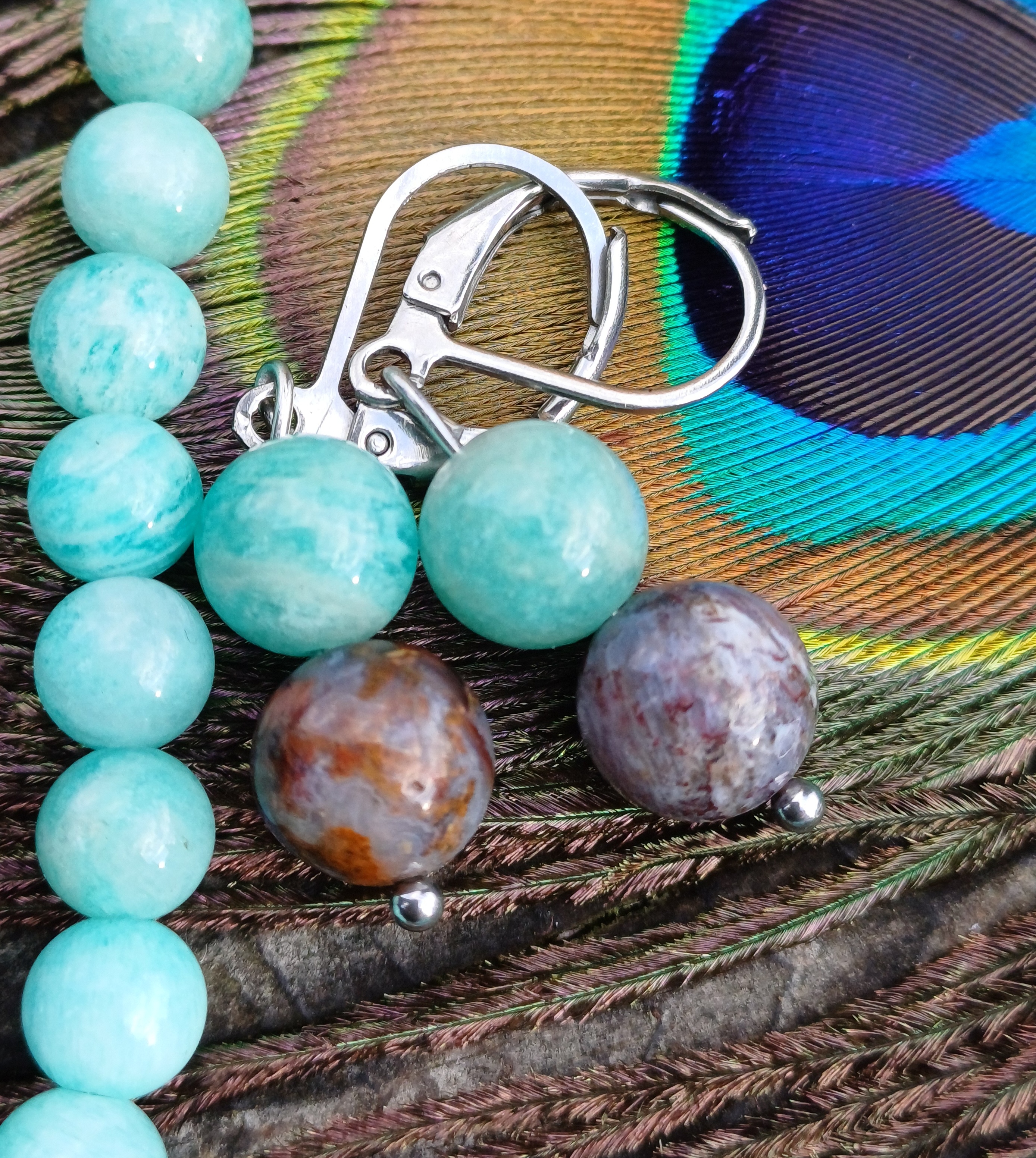 Amazonit, pietersit náušnice