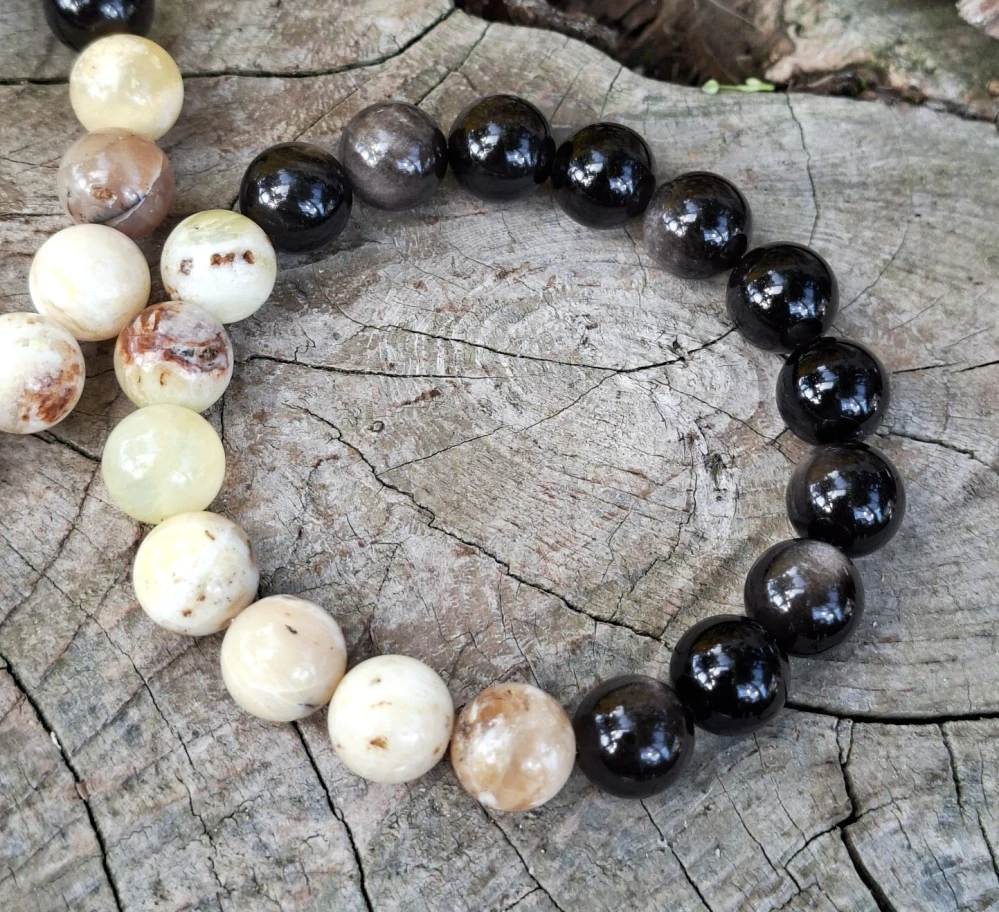 Opál žlutý, stříbrný obsidián náramek