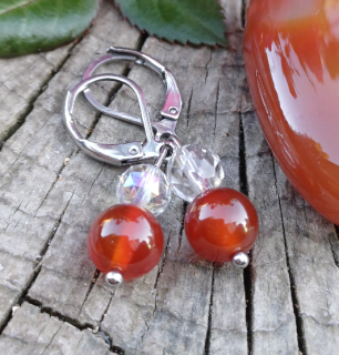 Karneol, křišťál náušnice 