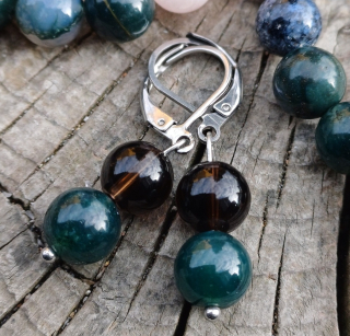 Mechový achát, záhněda náušnice