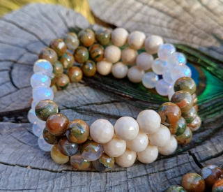 Ryolit, fosilní korál, achát aura náramek 