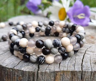 Mramor zebra, obsidián, korál, achát náramek
