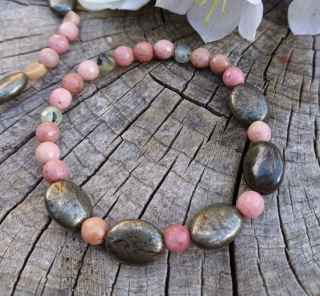 Pyrit, růžový křemen, prehnit náramek 19 cm