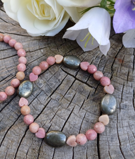 Pyrit, křemen růžový náramek 17 cm