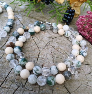 Achát stromečkový, křišťál, korál náhrdelník 