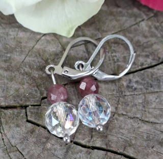 Rubelit, křišťál aqua aura náušnice