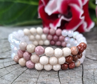 Červený jaspis, růžový křemen, achát aura náramek