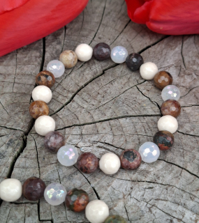 Jaspis picasso, korál, achát aura náramek
