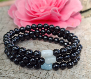 Obsidián černý, akvamarín náramek