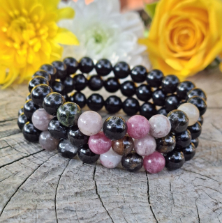 Obsidián, melounový turmalín náramek