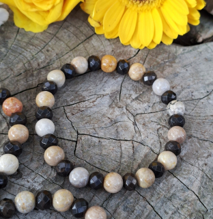 Fosilní korál, zlatý obsidián náramek