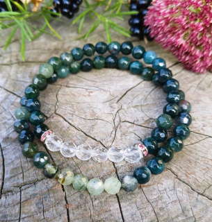 Párové náramky mechový achát s křišťálem a prehnitem