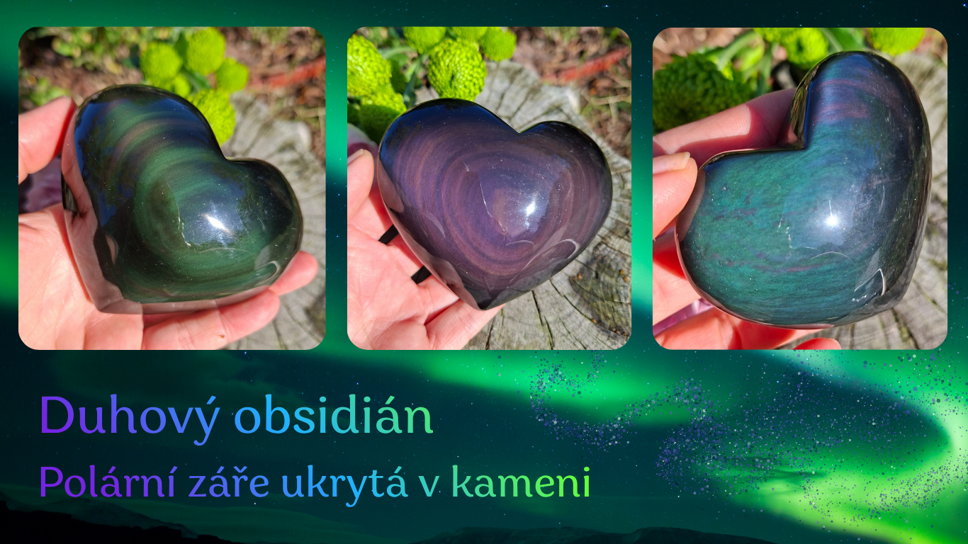 Duhový obsidián – leštěná srdce s fialovými a zelenými odlesky připomínajícími polární záři